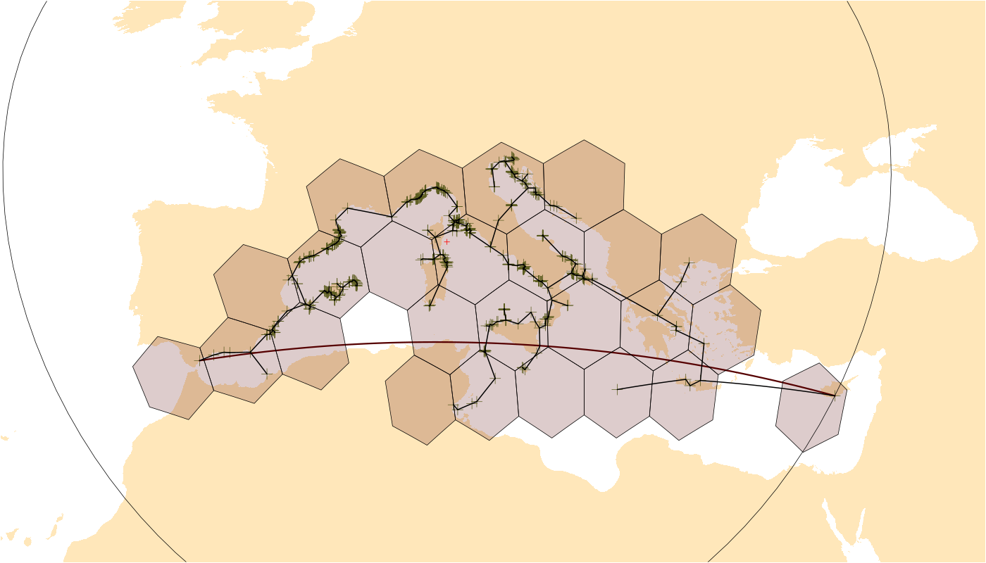 Equirectangular projection of the globe, showing some range calculation methods using the Pinna example dataset.